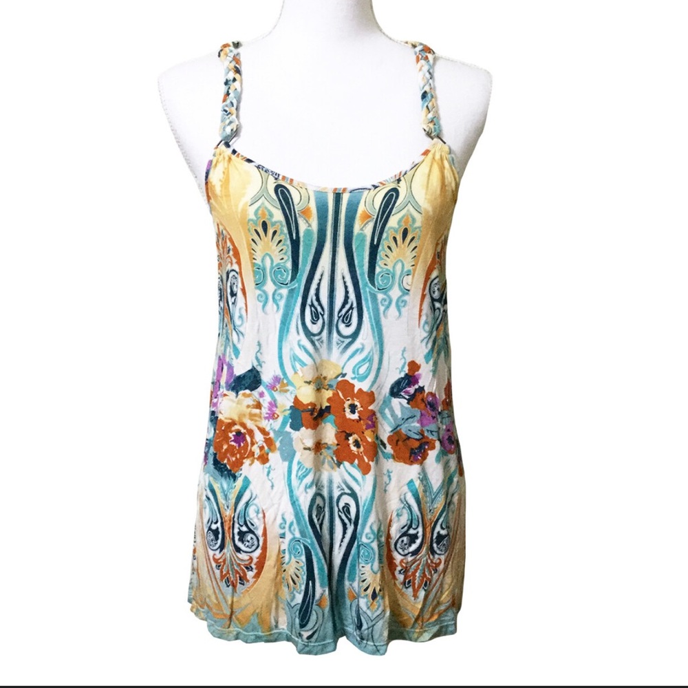 Free People Floral Sleeveless Tank Top Small Braided Straps Colorful